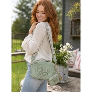 NEW APHISON Crossbody Bag & Wallet Set Green Laser Cut Vegan Boho Guitar Strap